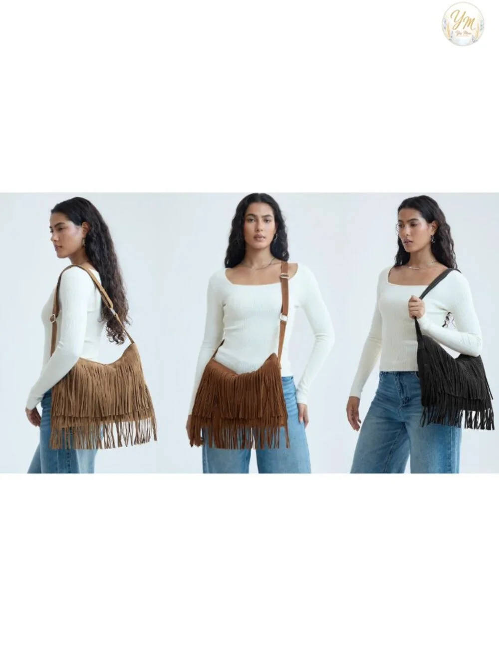Faux Suede Leather Hobo Crossbody Bag with Fringe Tassel Detail